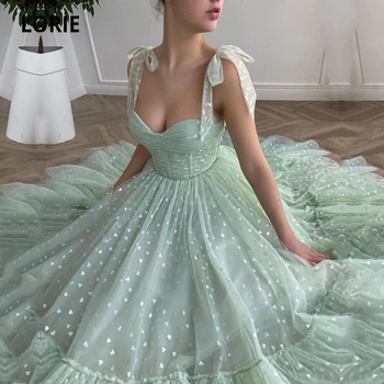 LORIE Glitter balo kıyafetleri Nane Yeşil Ayarlanabilir Sapanlar Parlak Aşk Tül Çay Boyu Arapça Düğün Parti Mezuniyet Elbise 2021