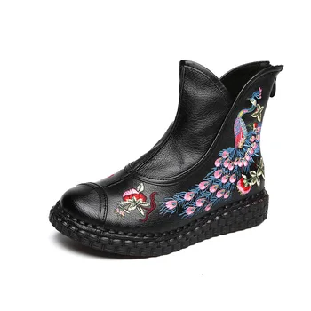 YourSeason Hakiki Deri Bayan 2021 Kış Zip Nakış Ayakkabı Ulusal Tarzı El Yapımı Kadınlar Vintage Casual Platform Çizmeler
