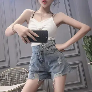 2021 Süper Sıcak Kot kadın Yaz Yeni Kore Moda Çok Yönlü Çember Yüksek Bel Delikli Şort Pantolon Trend Bayan Kısa