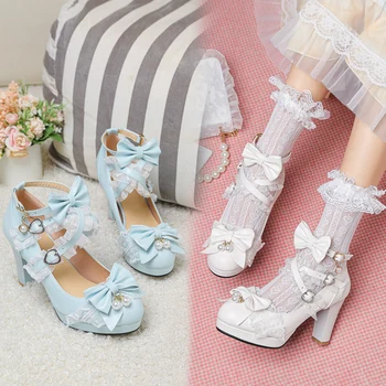 2022 yeni bahar kadın ayakkabı artı boyutu 22-26. 5 cm ayak uzunluğu İnci Yay Blok Topuk Çapraz Toka sevimli lolita Ziyafet ayakkabı 6 renkler