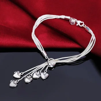Bayan charm 925 Damga Gümüş renk Bilezik kadın Püskül asılı kalp yılan zincir Düğün parti Hediyeler moda takı