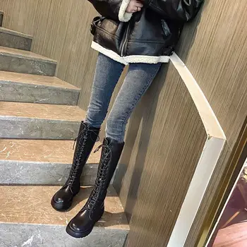Oraqwlj Tıknaz Platformu Pu Deri Diz Yüksek Çizmeler Kadın Punk Artan Uzun Zip sıcak Tutmak Kadın Ayakkabı Kadın Lace Up Patik