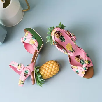 Ananas Tasarım Kadın Tıknaz Yüksek Topuklu Baskı Yaz platform sandaletler Düğün Ayakkabı Kadın Stiletto Sevgililer Ayakkabı