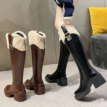 Kadın Diz Yüksek Chelsea Çizmeler Kış sıcak Yeni Kürklü rahat ayakkabılar Kadın Yüksek Topuklu Fermuarlar Ayakkabı Bayanlar 2023 Batı Uzun çizmeler