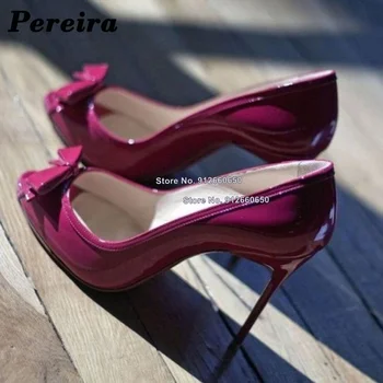 Pereira Patent Deri Katı Yay Düğüm Pompaları Kadınlar ıçin Sivri Burun Blok Topuk Düğün Ayakkabı Stilettos Yüksek Topuk Ayakkabı Topuklu