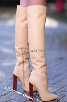 Linamong Zarif Ahşap Desen Tıknaz Topuklu Diz Yüksek Çizmeler Süet Patchwork Sivri Burun Uzun Kalın Topuk Çizmeler Elbise Ayakkabı