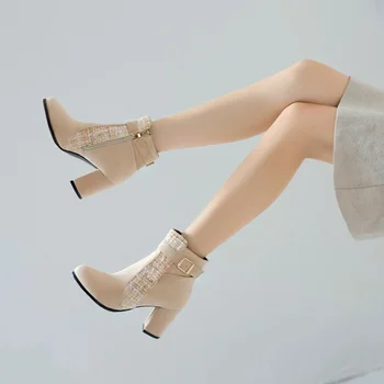 En büyük Boy 51 52 Marka Tasarımcısı Ekose Ekose Tüvit Çizmeler kadın ayakkabıları Bayanlar Botas Mujer Yüksek Topuklu Çıplak Toka Patik 49