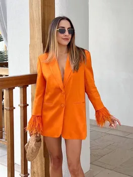 2022 Kadın Giyim Yeni Moda İpek Saten Blazer Tek Göğüslü Vintage Turuncu Ceket Tüy Kollu Giyim Şık Tops9886