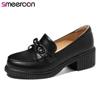 Smeeroon 2021 Büyük Boy 43 tek Ayakkabı Kadın Pompaları Klasik Basit Bahar Yaz rahat ayakkabılar Yuvarlak Ayak Kalın Topuk Ayakkabı Kadın