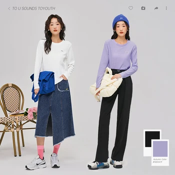 Toyouth Kadın Tees 2022 Sonbahar Uzun Kollu O Boyun bol tişört Geometrik Doku Mor Beyaz Casual Streetwear Tops