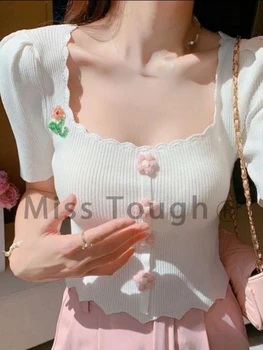 Yaz Tatlı Çiçek Zarif T-shirt Kadın Beyaz Seksi İnce moda üst giyim Kadınlar Casual Chic Örme Sevimli Kore Tarzı Üstleri 2022