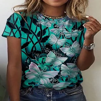 2022 yeni kelebek bayan T-shirt 3D çiçek yuvarlak boyun rahat niş tasarım giyim kadın hayvan serisi kısa kollu