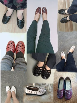 Dokuma deri makosenler kadın Örgülü Daireler Sonbahar Ayakkabı Çapraz Bağlı Kadın Yaz İçi Boş Nefes Sığ ayakkabı Kadın Loafer'lar