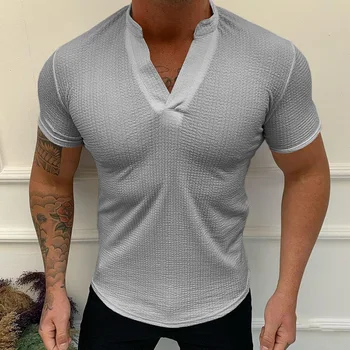 Rahat Moda Erkek Slim Fit Kısa kollu T-Shirt Erkekler Şık Düğmeler T Gömlek Tops V Yaka Spor Vücut Geliştirme T-Shirt