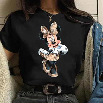 Harajuku Disney Moda Kadın T Shirt Kawaii Minnie Ekose Gömlek Yeni Vintage Casual Kısa Kollu Kadın T Shirt 90s Kızlar Tops