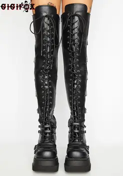 Marka Tasarım Büyük Boy 43 Cadılar Bayramı Gotik Cosplay Motosiklet Botları Platformu Takozlar Yüksek Topuklu Uyluk Yüksek Çizmeler Kadın ayakkabıları