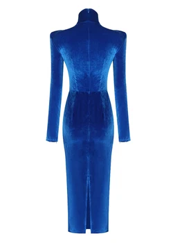 VC Mavi Yüksek Boyun Kadife Elbiseler Kadın Zarif Uzun Kollu Bodycon Midi Elbise Büküm Tasarım Vestido