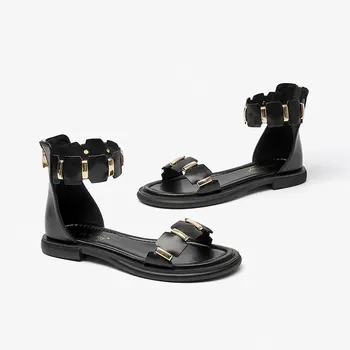 BeauToday Flats Sandalet Kadınlar Burnu açık Orta Buzağı Uzunluğu Kapak Topuk Üzerinde Kayma Metal Dekorasyon Rahat Yaz bayan ayakkabıları 32394