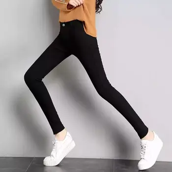 41 Yüksek Streç Bel Kadın Elastik Sıska dar kot Leggins Düğmeleri İle Siyah Denim Pantolon Pantolon