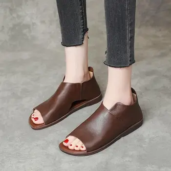 Sandalet kadın Yeni Yakışıklı İngiliz deri seti Ayak Balık Ağzı Sandalet Düz Yumuşak Deri Yumuşak Tabanlı Çanta Kök Roma Ayakkabı