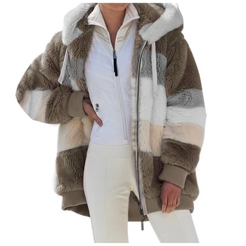 Kadın Kontrast Renk kapüşonlu ceket Uzun Kollu Zip-up Peluş İlkbahar Sonbahar için Tops