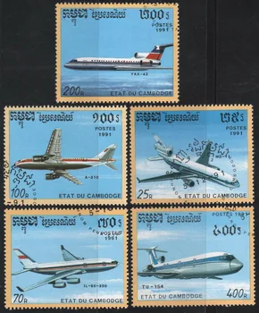 5 Adet/takım Kamboçya Posta Pulları 1991 Yolcu Uçağı Kullanılan Posta İşaretli Posta Pulları Toplamak için
