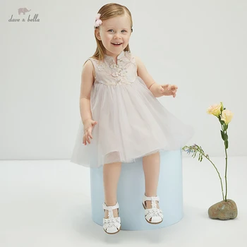 DB16922 dave bella yaz bebek kız Çin tarzı çiçek örgü elbise çocuk moda parti elbise çocuk bebek lolita giysileri