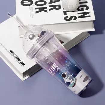 Yaratıcı Su Saman Kapak İle Şişe Katman BPA Çift Ücretsiz Açık içecekler İçin Bardak Yeniden kullanılabilir Kupası Astronot Kawaii Çocuk kahve
