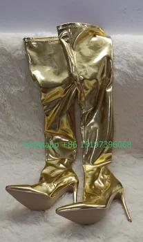 Sivri Yüksek Topuklu Uyluk Çizmeler Rugan Kadın Bahar Büyük Boy Çizmeler Seksi Stiletto Topuklu Podyum Altın Elastik Çizmeler