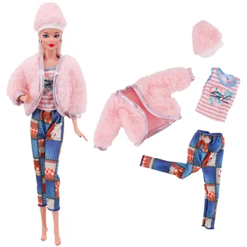Barbie oyuncak bebek giysileri Peluş Ceket + Moda Takım Elbise Etek + Bere Şapka İçin Uygun 11.8 inç Bebek rahat giyim Ücretsiz Ayakkabı Hediye
