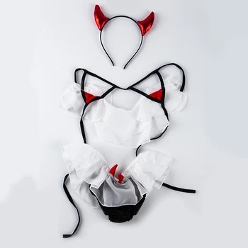 3 Adet Konforlu Streç Sutyen Seti Erotik Gotik Kıyafet Yeni Seksi Küçük Şeytan Cosplay Kostümleri Siyah Beyaz Renk Şifon