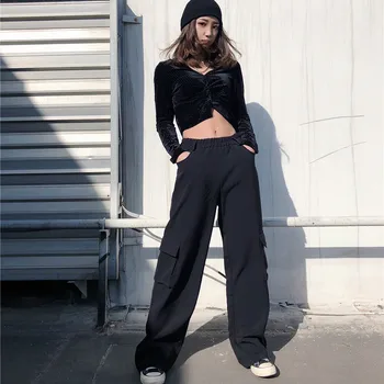 Sweatpants Kadın Pantolon Harajuku Siyah Katı Tüm Maç Bayan Yüksek Bel Tam Boy Hip Hop Kadın Cepler Basit Sıcak Satış Şık