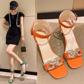 Yaz Topuk Ayakkabı Kadın Sandalet Düz Renk Burnu açık Yüksek Topuklu Rahat Bayanlar Toka Kayış Moda Kadın Sandalias Mujer
