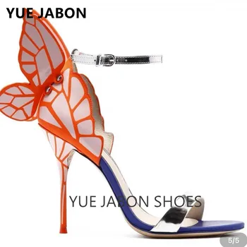 YUE JABON Renkli metalik ışlemeli deri sandalet melek kanatları pompaları parti elbise ayakkabı kelebek ayak bileği wrap yüksek topuklu