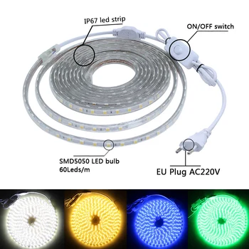 LED şerit anahtarı ile su geçirmez LED şerit ışık 220V LED ışıklar Şerit Bant beyaz 3M 5M 10M 30M 50M led şerit SMD 5050 AC 220V