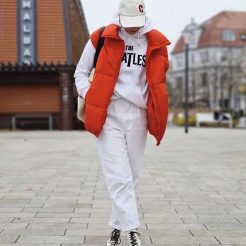 XIKOM 2021 Kış Turuncu Kadın Sıcak Yelek Kolsuz Ceket Kadın Cepler Streetwear Boy Kirpi Yelek Kadın Mont