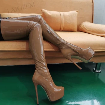 BERZIMER Kadın Uyluk Yüksek Çizmeler Parlak Platformu İnce Yüksek Topuklu Diz Çizmeler Üzerinde Suni deri ayakkabı Kadın Büyük Boy 41 44 46 50 52