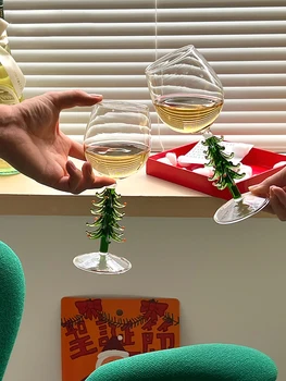 Noel şarap bardakları Renkli Cam Şarap Bardağı Hediye Kutusu Noel Ağacı Dekore Edilmiş Cam Bardak Kadeh Yılbaşı Hediyeleri Şampanya
