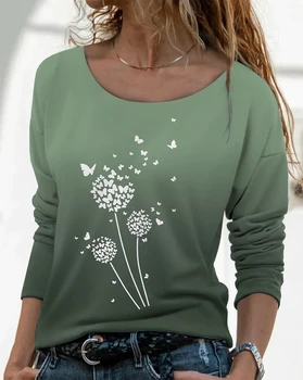 Çiçek baskılı tişört Moda Rahat bol tişört Sonbahar Kadın Yuvarlak Yaka Zarif Üstleri Basit Tarzı Kazak Uzun Kollu