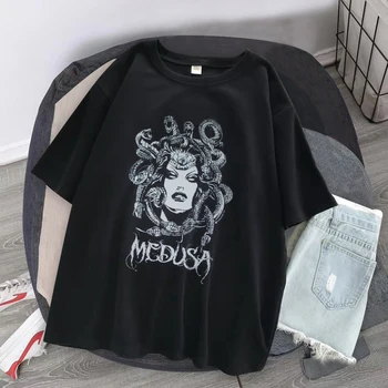 Kadın T Shirt Gotik Koyu Büyük Boy Punk Siyah Grafik Elbise Harajuku Hip Hop Streetwear Tops Kısa Kollu Tee Gömlek