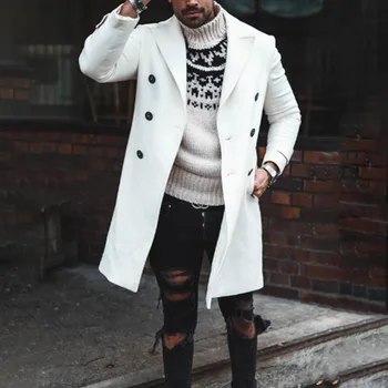 Moda Erkek Yün Ceket Yeni Katı Casual Yaka Kruvaze Ceket Yün Ceket Erkekler Uzun Kollu Hırka Palto Tops