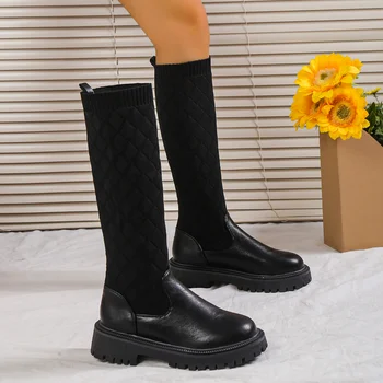 Nefes Örgü Çorap Üst Kadın Uyluk Yüksek Çizmeler Streç Yuvarlak Ayak Kalın Taban Çizmeler Sonbahar Kış Artı Boyutu 43 Kadın ayakkabı