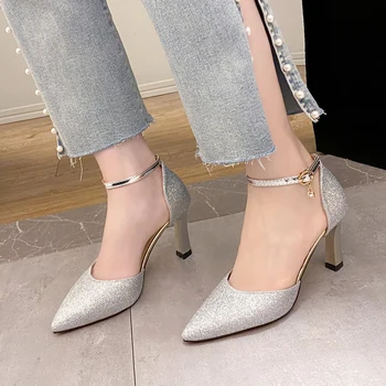 Rimocy 2022 Yeni Bling Yüksek Topuklu Kadın Pompaları Moda Altın Gümüş Düğün parti ayakkabıları Kadın Yaz Sivri Burun İnce Topuklu Pompalar