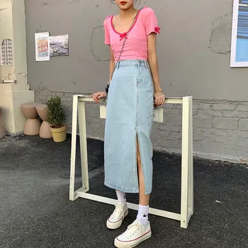 GUUZYUVIZ Yüksek Bel Etek Rahat Kot Mavi Uzun Etekler Kadınlar İçin Kore Jean Etekler Bayanlar Harajuku