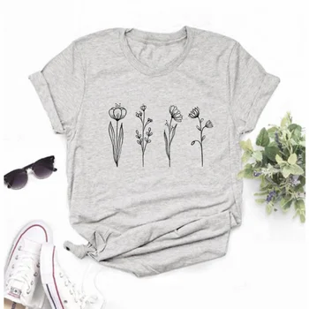 Mayos Yaz kadın T-shirt Bitki Çiçek Baskı Kısa Kollu Bayan T-shirt Rahat Üst kadın Temel T-shirt
