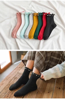 İlkbahar ve yaz yeni kadın çorap mantar dantel inci çorap moda dikey şeritler varil tırnak boncuk pamuk çorap