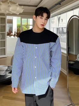 IEFB Kore Tarzı erkek tişört Moda Şerit 2023 Kontrast Renk Yuvarlak Boyun Tek Göğüslü Patchwork Erkek Üstleri 9A3141