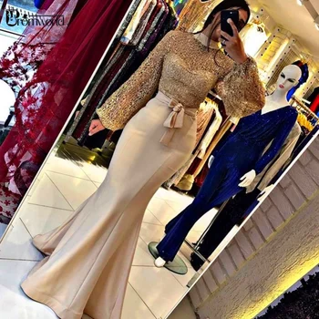 Şampanya Abiye 2022 O-boyun Tam Kollu Sashes Mermaid Saten Vestidos De Fiesta Uzun Resmi Elbise