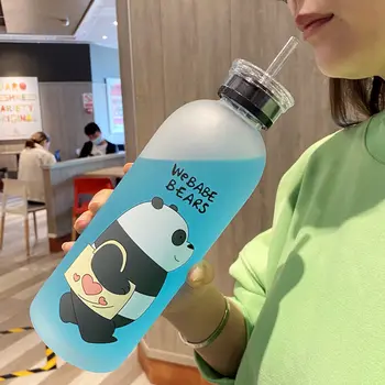 Sevimli Panda Ayı Fincan 1000 ml Su pipetli şişeler Şeffaf Karikatür Su Şişesi Drinkware Buzlu sızdırmaz Protein Shaker