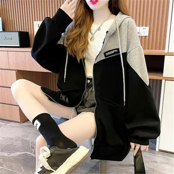 Kore Polar Kontrast Renk Büyük Boy Kadın kapüşonlu eşofman üstü Kadın Harajuku Streetwear Casual Uzun Kollu fermuarlı kapüşonlu kıyafet Mont